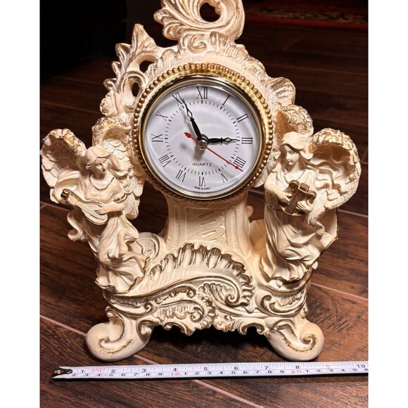 Vintage Double Angel Resin Desk Mantel Quartz Clock White/Gold Working - Picture 8 of 10